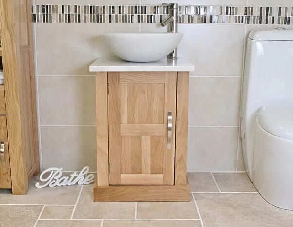 Round White Marble Basin & White Marble Top on Oak Vanity Unit
