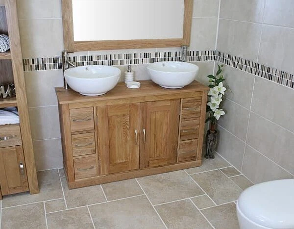 Large Oak Top Vanity Unit with Two Round White Ceramic Basins
