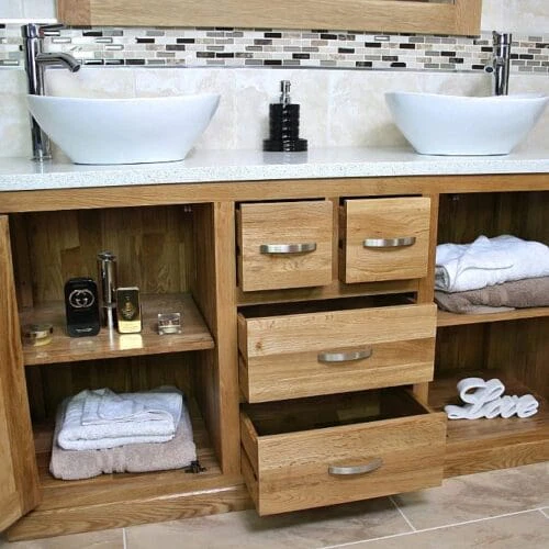 White Quartz Top, Double Basin, Oak Vanity Unit - Showing Lots of Storage