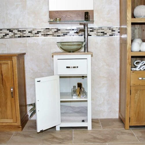 Showing Storage of Painted Vanity Unit with Oak Top & Single Glass Basin