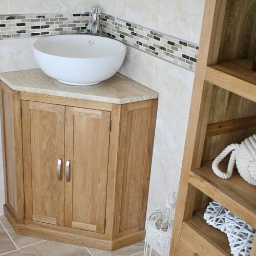 Ceramic Curved Bathroom Basin on Corner Travertine Top Vanity Unit