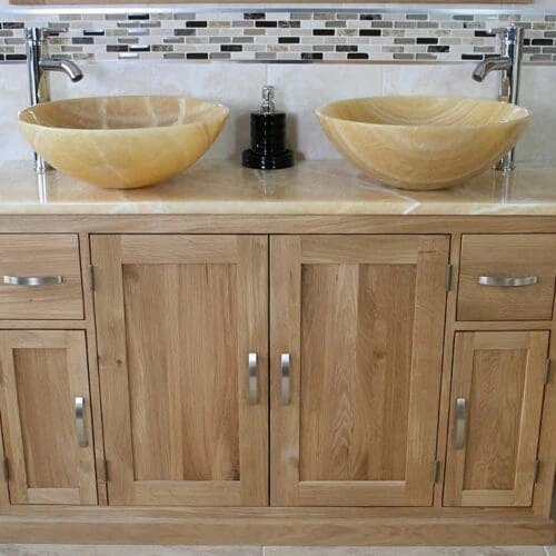 Double Basin Golden Onyx Top Vanity Unit with Two Golden Honey Onyx Sinks