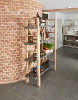 A Side View of the Large, Modern Looking Kuba Bookcase Large Kuba Bookcase with Industrial Look