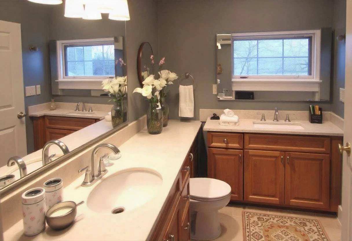 larger bathroom with double vanity unit