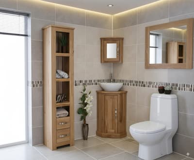 Solid Oak Corner Vanity Unit – Bathroom Cabinet + Stone Worktop & Ceramic Basin Choice