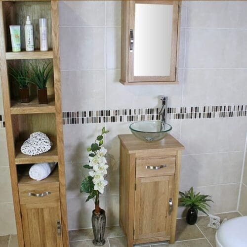 Glass Basin on Single Oak Top Vanity Unit With Oak Mirror Cabinet & Tall Oak Storage Unit