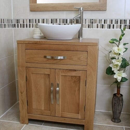 Oval White Ceramic Basin on Solid Oak Vanity Unit