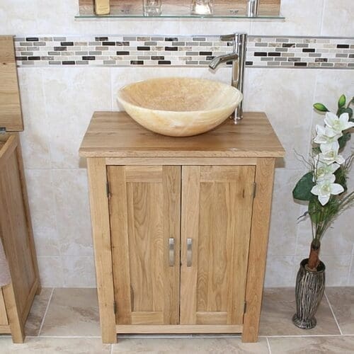 Golden Onyx Basin on Oak Topped Single Vanity Unit - Front View