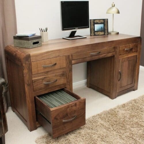 Shiro Walnut Home Office Desk showing Open Drawer