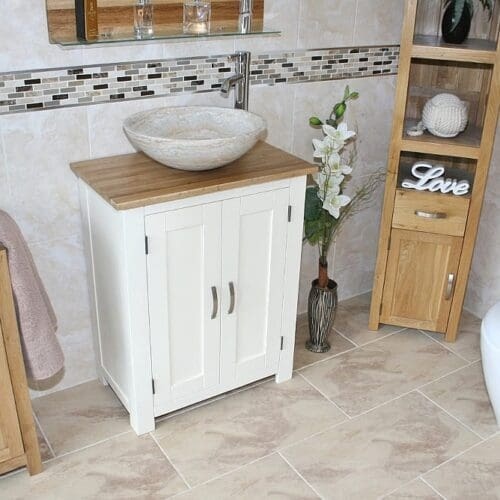Cream Marble Basin on Oak Topped White Vanity Unit - Far Side View