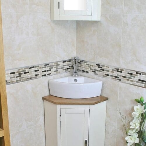 White Ceramic Corner Basin on Oak Topped Painted Corner Vanity Unit