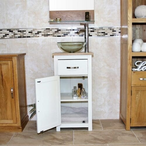 Showing Storage of Painted Vanity Unit with Oak Top & Single Glass Basin