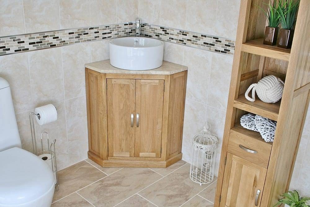 Travertine Topped Oak Corner Vanity Unit with White Ceramic Basin Corner Vanity Unit with Travertine Top & White Ceramic Basin