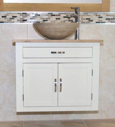 Oval Travertine Basin on Painted Oak Top, Wall Hanging Bathroom Vanity Floating Oak Top Vanity wiith Travertine Bathroom Basin