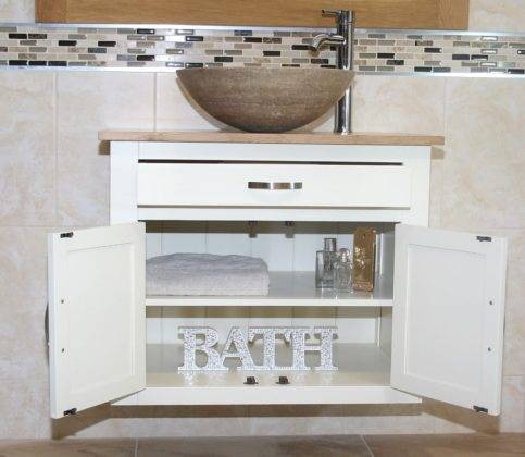 Painted Floating Vanity with Oak Top dIsplaying Open Storage Doors Painted Floating Single Vanity Unit