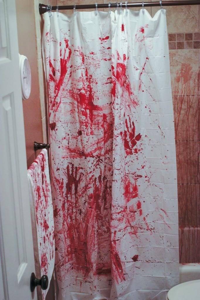 Shower Curtain and Tiles Covered with Fake Blood Fake Blood Stained Shower Curtain