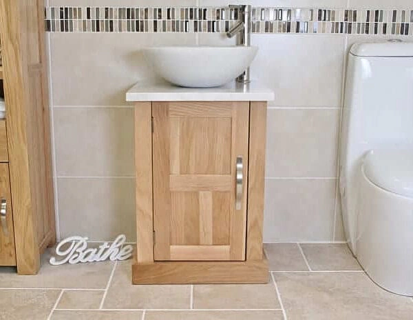 Round White Marble Basin & White Marble Top on Oak Vanity Unit