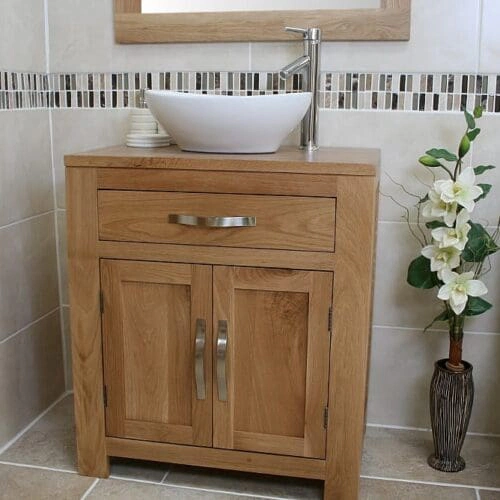 Oval White Ceramic Basin on Solid Oak Vanity Unit