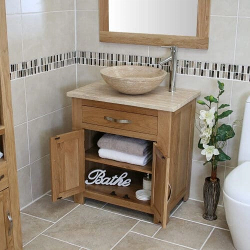 Travertine Top Oak Vanity Unit with Travertine Basin & Chrome Tap Set