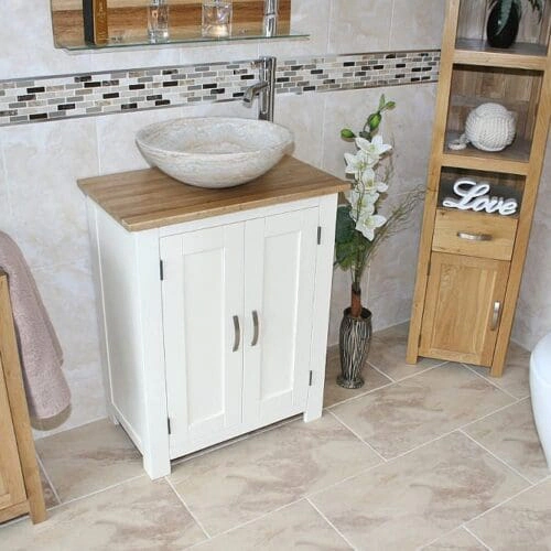Cream Marble Basin on Oak Topped White Vanity Unit - Far Side View