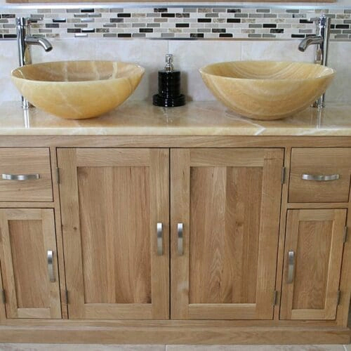 Double Basin Golden Onyx Top Vanity Unit with Two Golden Honey Onyx Sinks
