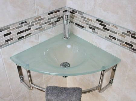 Stylish Corner Glass Basin with Chrome Mixer Tap & Plug Glass Corner Basin with Chrome Tap & Plug
