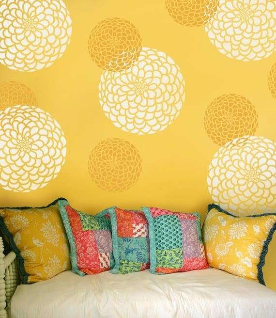 Stencilling - Yellow Wall and Cushions Stencilling - Yellow Wall and Cushions
